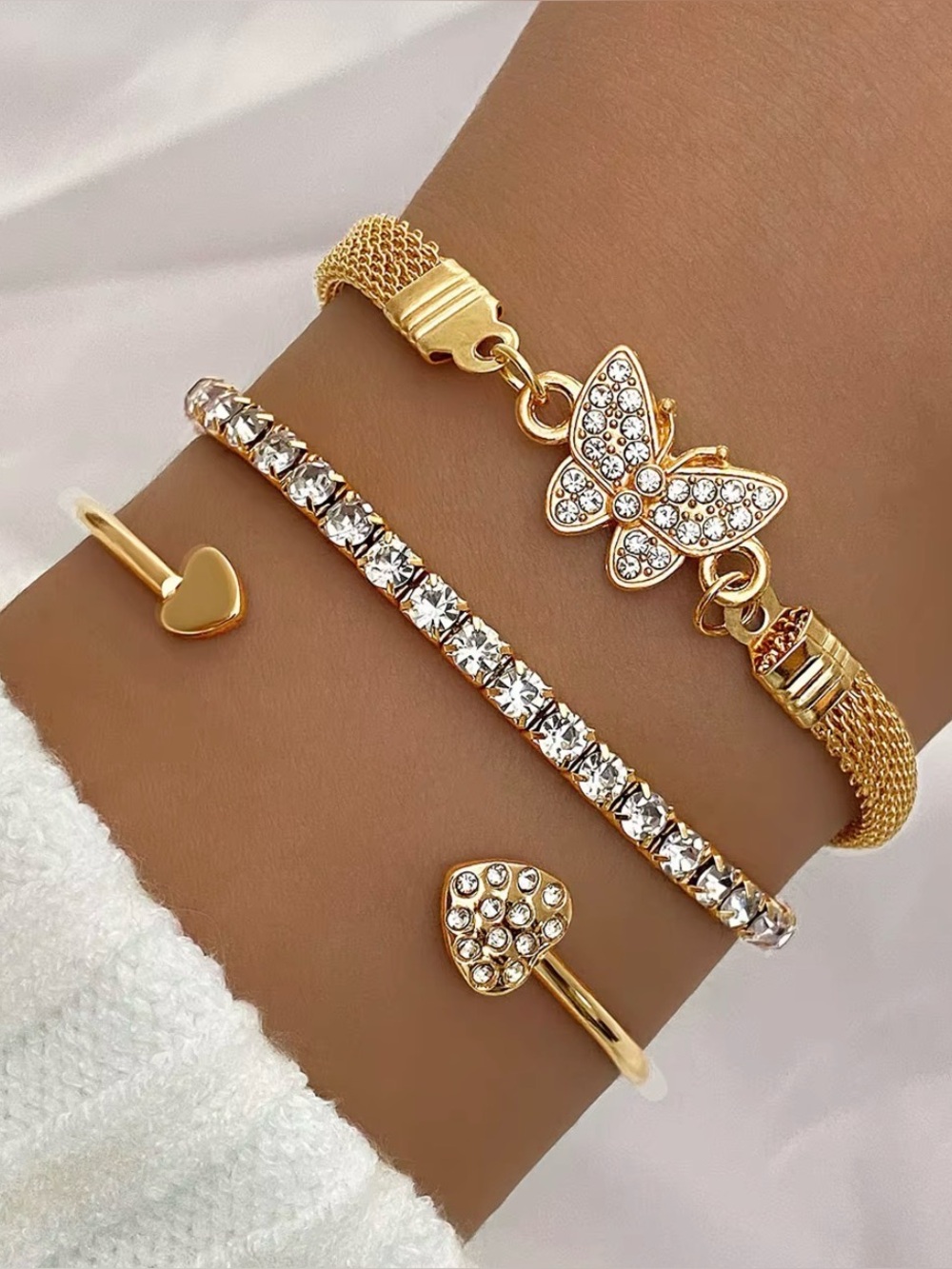 Gold Butterfly & Crystal Layered Bracelet Set - Women Jewelry